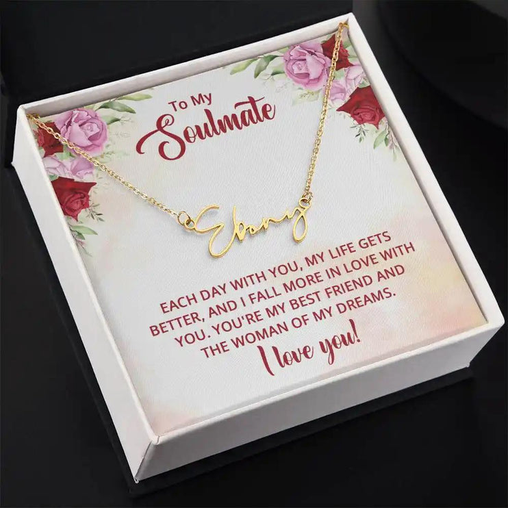 Signature Style Name Necklace in yellow gold finish in a two-tone box angle 2