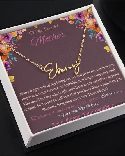 gold signature style name necklace in soft box