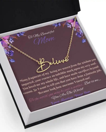 gold signature style name necklace in soft box angled left