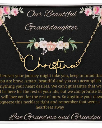 Signature Name Necklace with a yellow gold finish and a to granddaughter from grandma and grandpa greeting card 