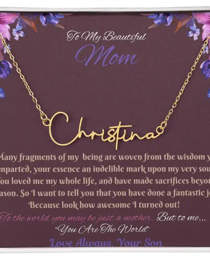 gold signature style name necklace in soft box