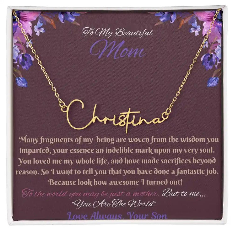 gold signature style name necklace in soft box