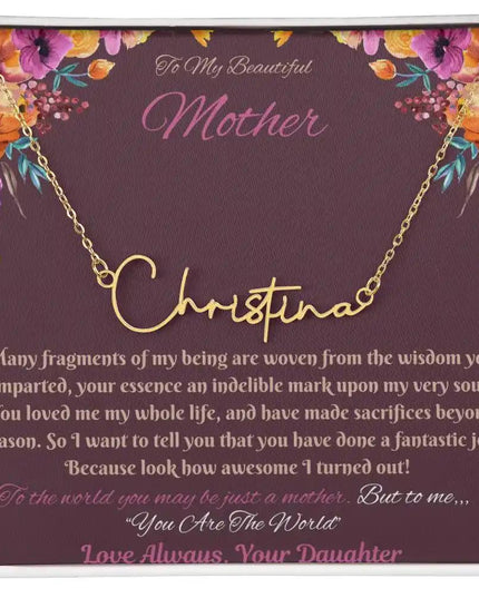 gold signature style name necklace in soft box