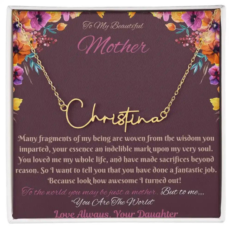 gold signature style name necklace in soft box