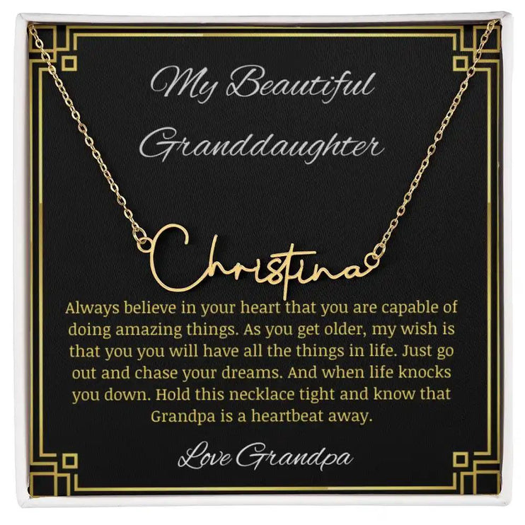 Signature Name Necklace with a polished yellow gold finish on a to granddaughter from grandpa greeting card  finish on a to granddaughter