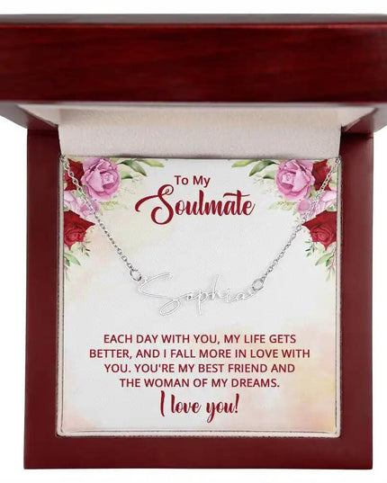 Signature Style Name Necklace in polished stainless-steel in a mahogany box 