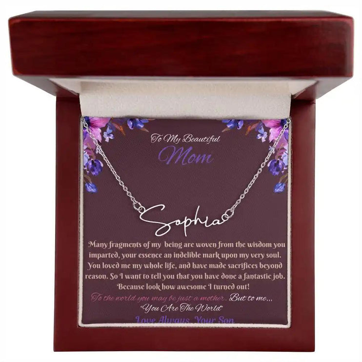 polished-stainless signature style name necklace in mahogany box