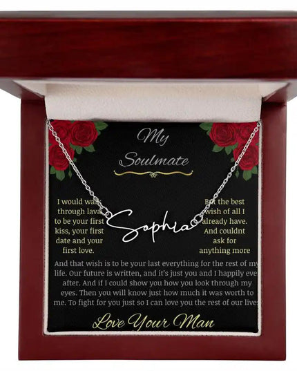 Signature Style Name Necklace with a polished stainless-steel charm in a mahogany box Pic 1