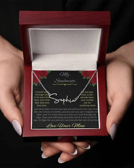 Signature Style Name Necklace with a polished stainless-steel charm in a mahogany box Pic 2