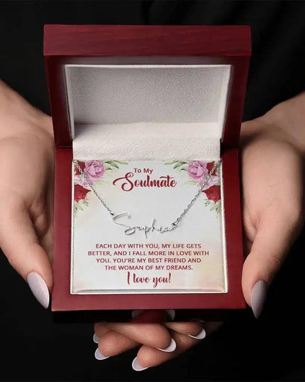 Signature Style Name Necklace in polished stainless-steel in a two-tone box angle 4