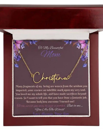 gold signature style name necklace in mahogany box