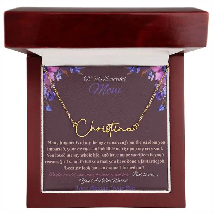 gold signature style name necklace in mahogany box