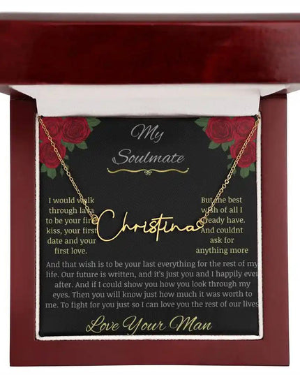 Signature Style Name Necklace with a yellow gold charm in a mahogany box Pic 1