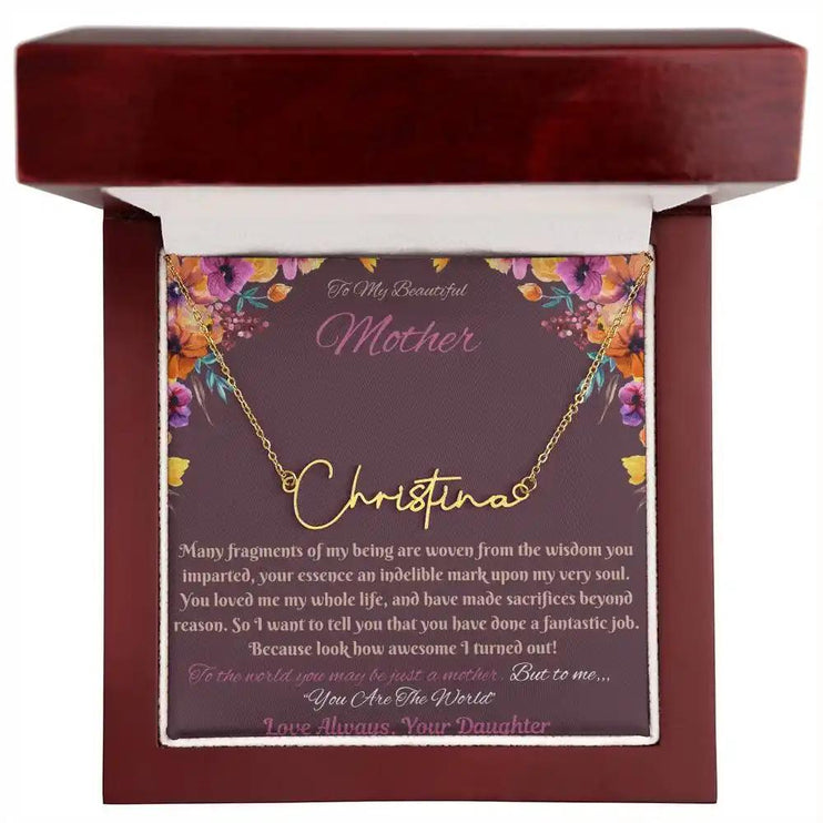 gold signature style name necklace in mahogany box