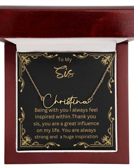 Signature Style Name Necklace with yellow gold finish charm in mahogany box