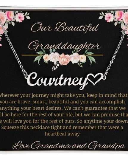 Name Heart Necklace with a polished stainless-steel finish on a to granddaughter from grandma and grandpa greeting card