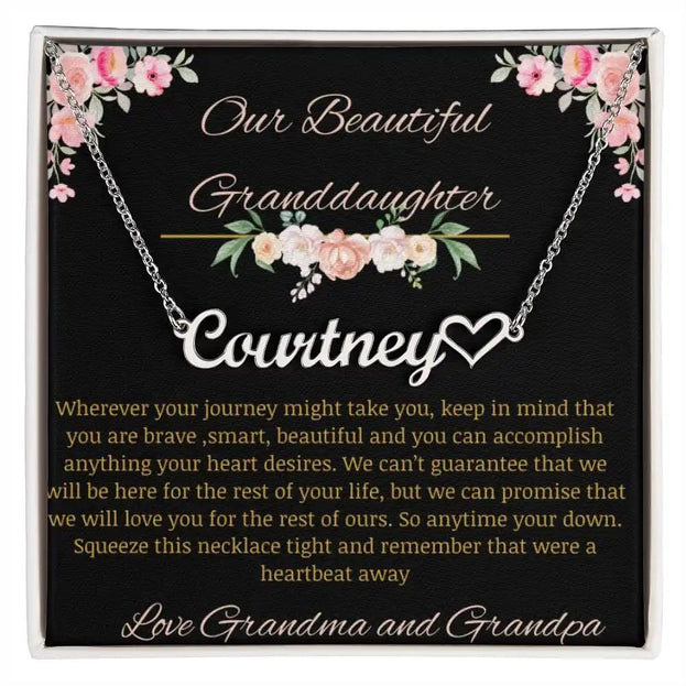 Name Heart Necklace with a polished stainless-steel finish on a to granddaughter from grandma and grandpa greeting card