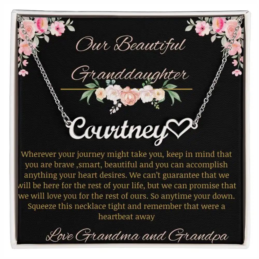 Name Heart Necklace with a polished stainless-steel finish on a to granddaughter from grandma and grandpa greeting card