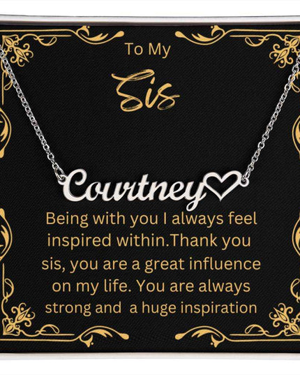 Name Heart Necklace with a polished stainless-steel variant on a To Sis greeting card up close view