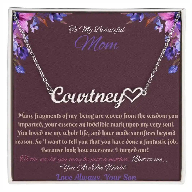 polished stainless-steel name heart necklace in soft box