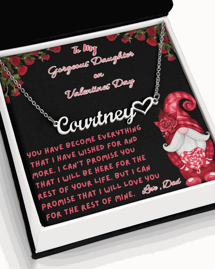 polished stainless-steel name heart necklace in a soft box angled to the left