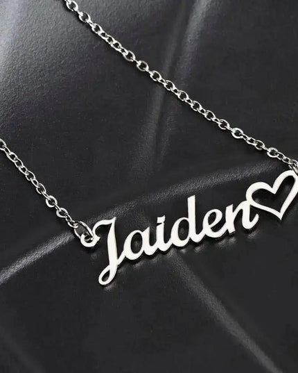 polished stainless-steel name heart necklace on black leather