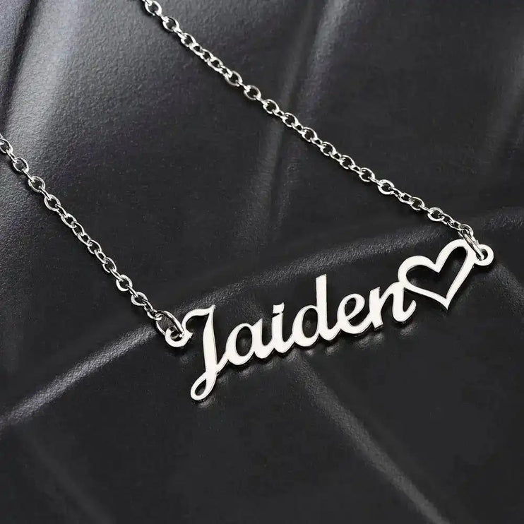 polished stainless-steel name heart necklace on black leather