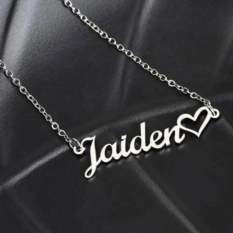polished steel name heart necklace on black leather