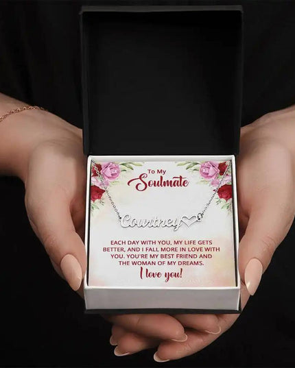 Name Heart Necklace with a polished stainless-steel finish and in a two-tone box angle 2