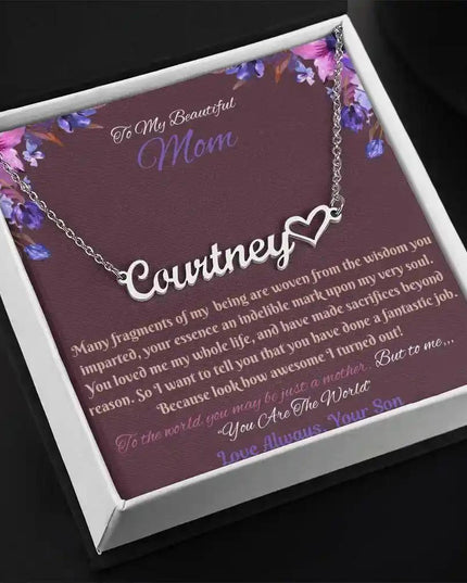 polished stainless-steel name heart necklace in soft box