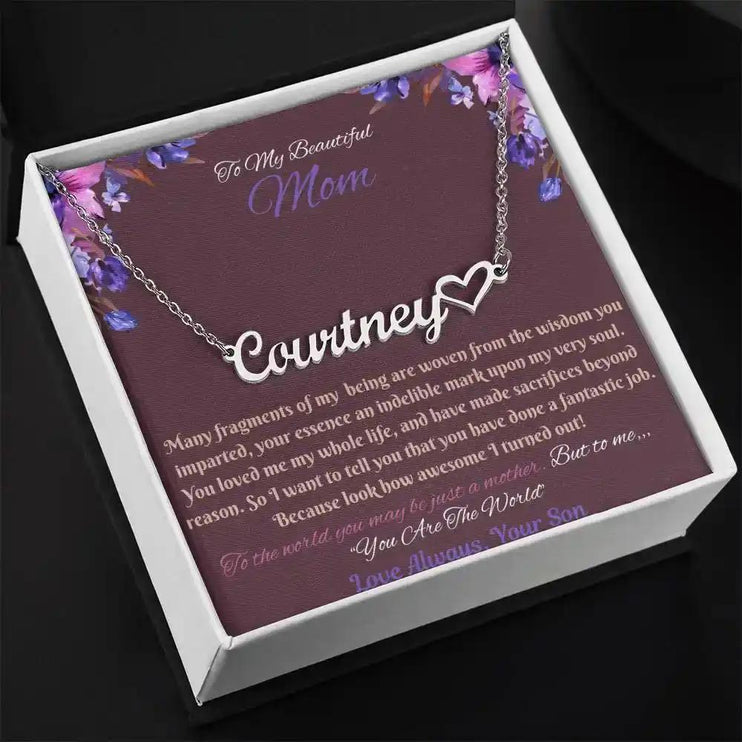 polished stainless-steel name heart necklace in soft box