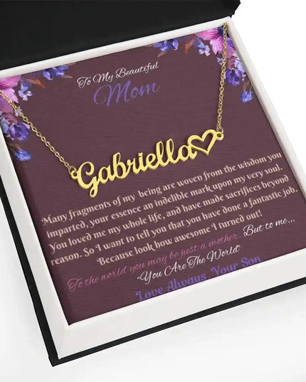 gold name heart necklace in soft box angled left