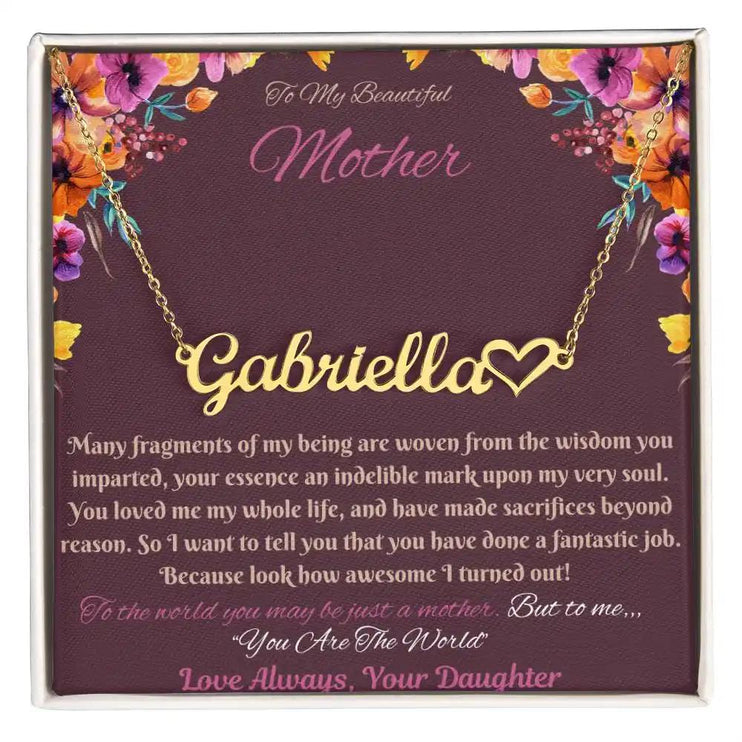 gold name heart necklace in soft box