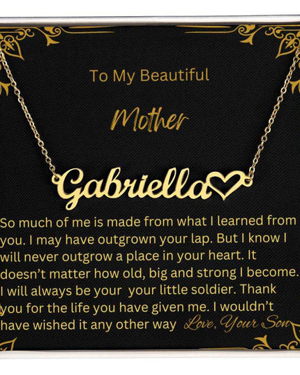 A yellow gold finish name heart necklace for mother.