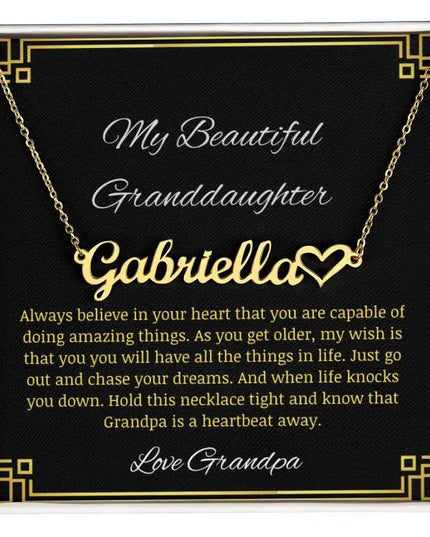 Name Heart Necklace with a yellow gold finish charm on a to granddaughter from grandpa greeting card