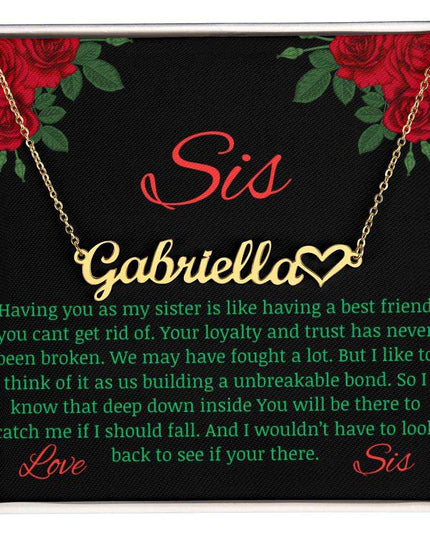Name Heart Necklace with a yellow gold finish variant on a To Sis from Sis greeting card up close view.