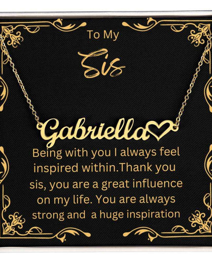 Name Heart Necklace with a yellow gold finish variant on a To Sis greeting card up close view