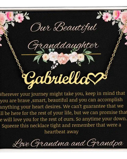 Name Heart Necklace with a yellow gold finish on a to granddaughter from grandma and grandpa greeting card
