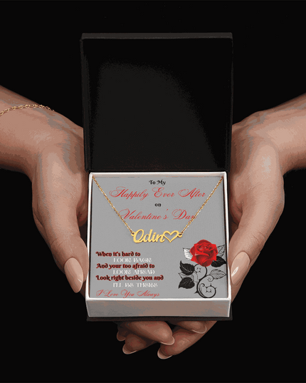 gold name heart necklace in soft box