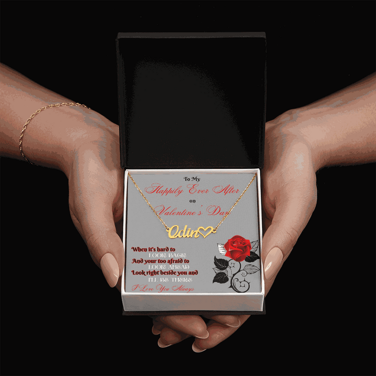 gold name heart necklace in soft box