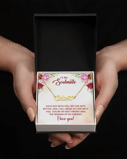 Name Heart Necklace with a yellow gold finish and in a two-tone box angle 2