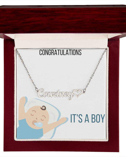 Name With Heart Necklace In Polished Stainless Steel and Mahogany Box