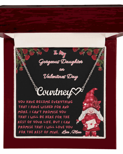 polished stainless-steel name heart necklace in a luxury box up close