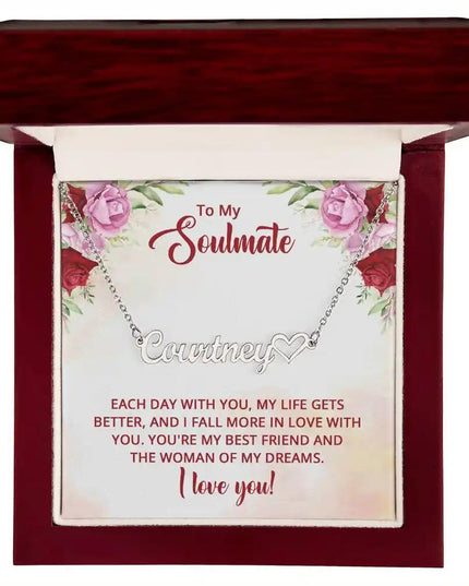 Name Heart Necklace with a polished stainless-steel finish and in a mahogany box angle 1