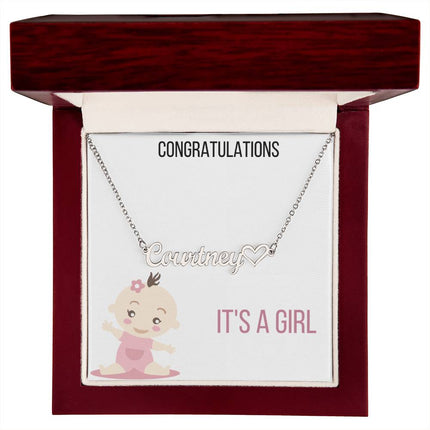 Name With Heart Necklace with stainless steel finish and mahogany box
