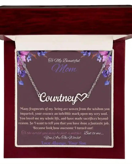 polished stainless-steel name heart necklace in mahogany box
