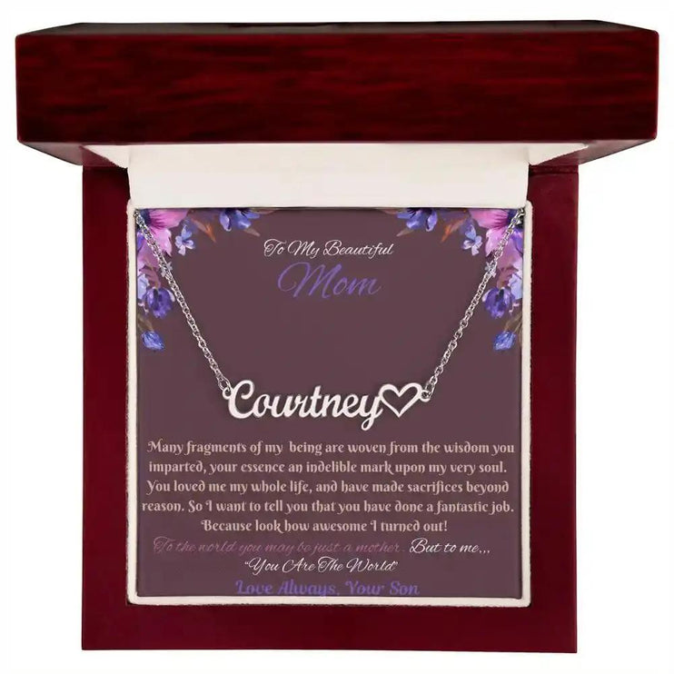 polished stainless-steel name heart necklace in mahogany box