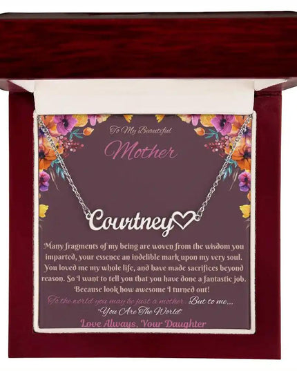 polished steel name heart necklace in mahogany box