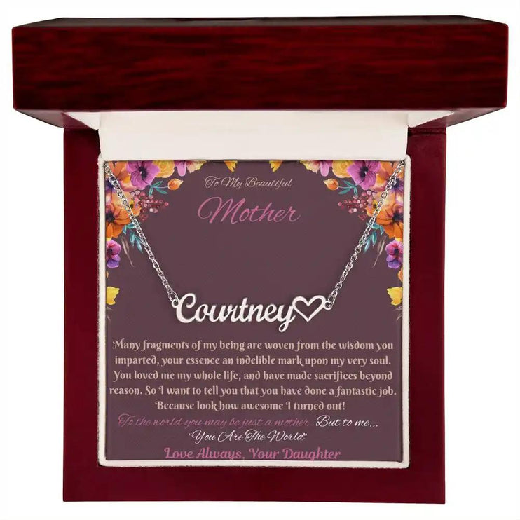 polished steel name heart necklace in mahogany box
