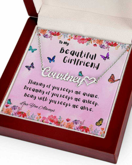 polished stainless steel name heart necklace in luxury box right angle